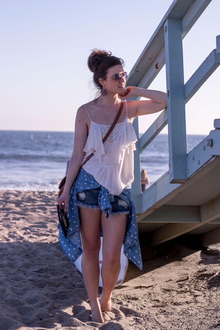 one teapoon shorts palmenprint jeanshemd santa monica beach los angeles fashionblog