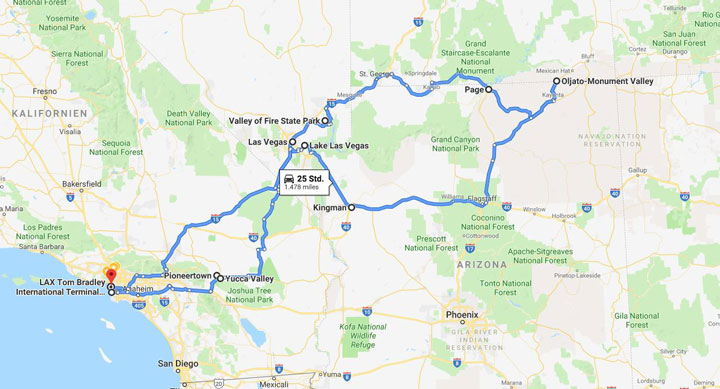 Route für West Coast Road Trip mit Nationalparks in Arizona und Nevada